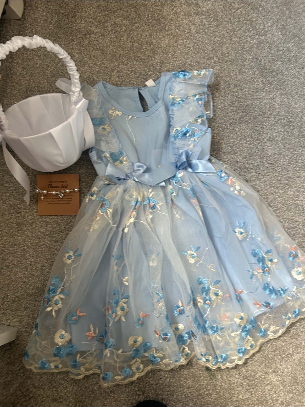 Light Blue Embroidered Tulle Flower Girl Dress with Satin Bow